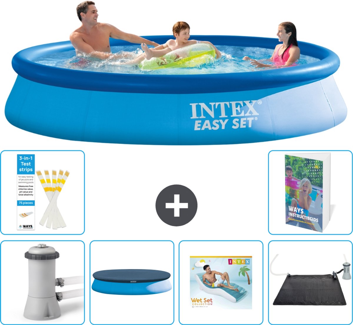 Intex Rond Opblaasbaar Easy Set Zwembad - 366 x 76 cm - Blauw - Inclusief Pomp - Afdekzeil - Loungebed - Solar Mat - 7-delig