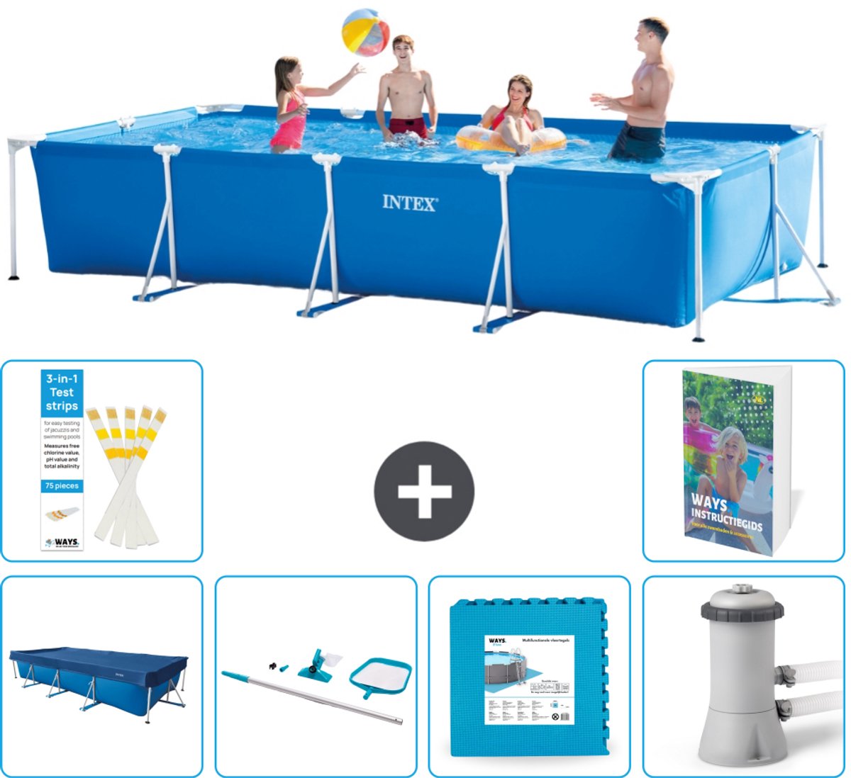 Intex Rechthoekig Frame Zwembad - 450 x 220 x 84 cm - Blauw - Inclusief Afdekzeil - Schoonmaakset - Vloertegels - Zwembadfilterpomp - 7-delig