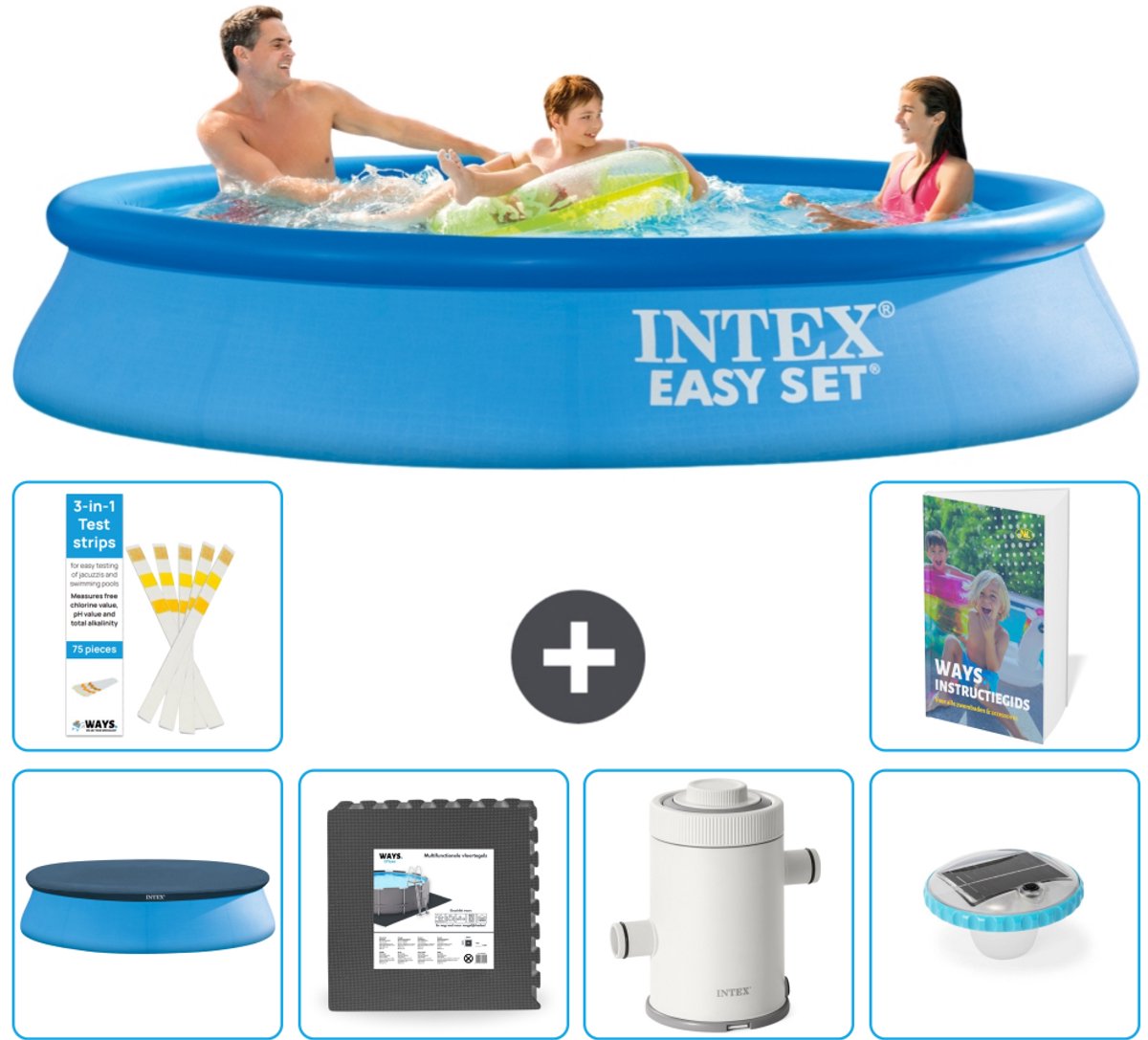 Intex Rond Opblaasbaar Easy Set Zwembad - 305 x 61 cm - Blauw - Inclusief Afdekzeil - Vloertegels - Zwembadfilterpomp - Verlichting - 7-delig