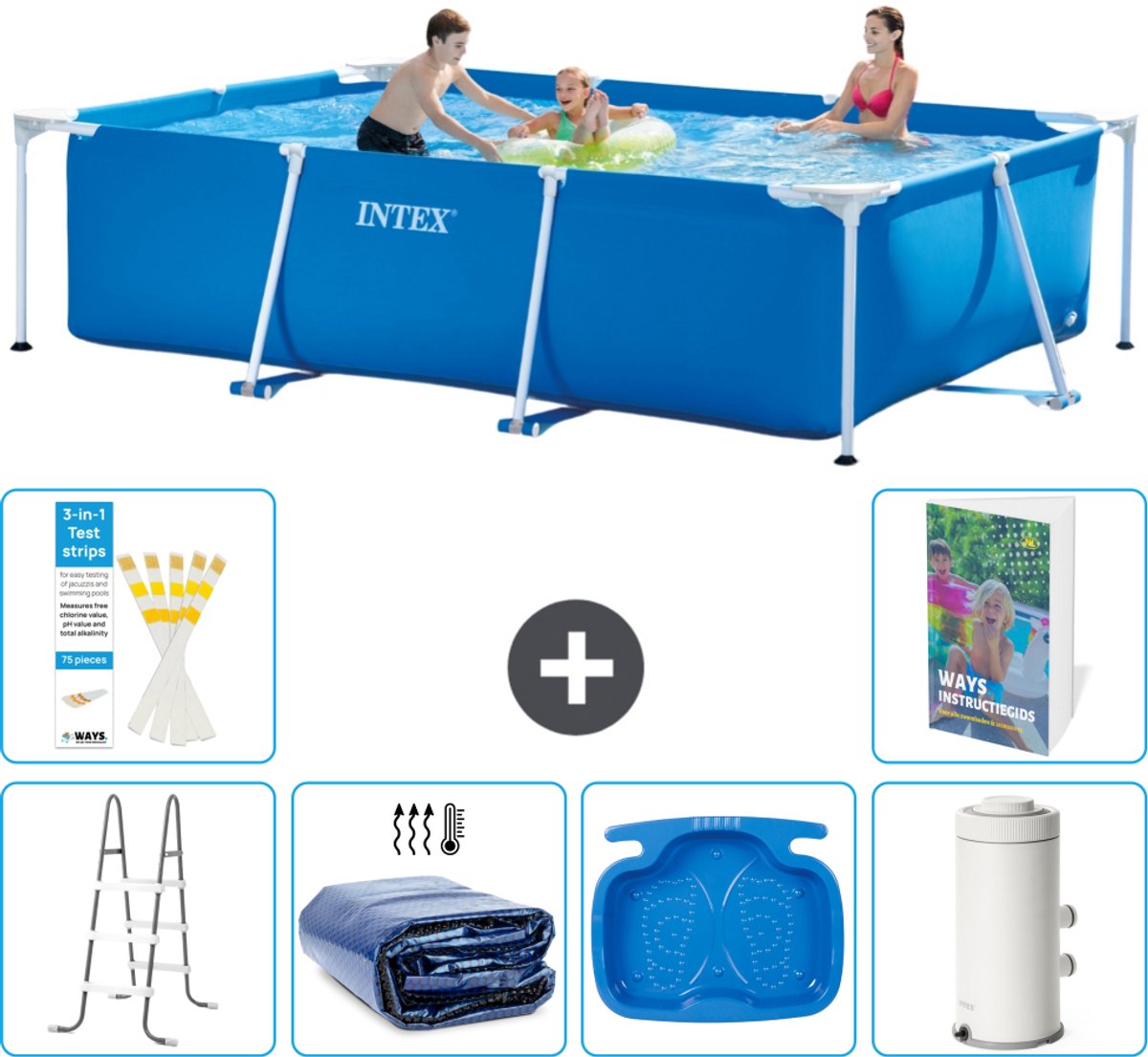 Intex Rechthoekig Frame Zwembad - 300 x 200 x 75 cm - Blauw - Inclusief Ladder - Solarzeil - Voetenbad - Zwembadfilterpomp - 7-delig