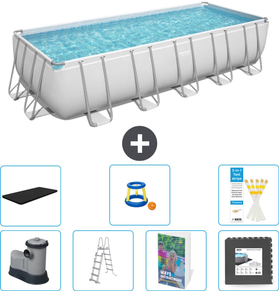 Bestway Rechthoekig Power Steel Zwembad - 640 x 274 x 132 - Grijs - Inclusief Pomp - Ladder - Afdekzeil - Speelgoed - Vloertegels - 8-delig