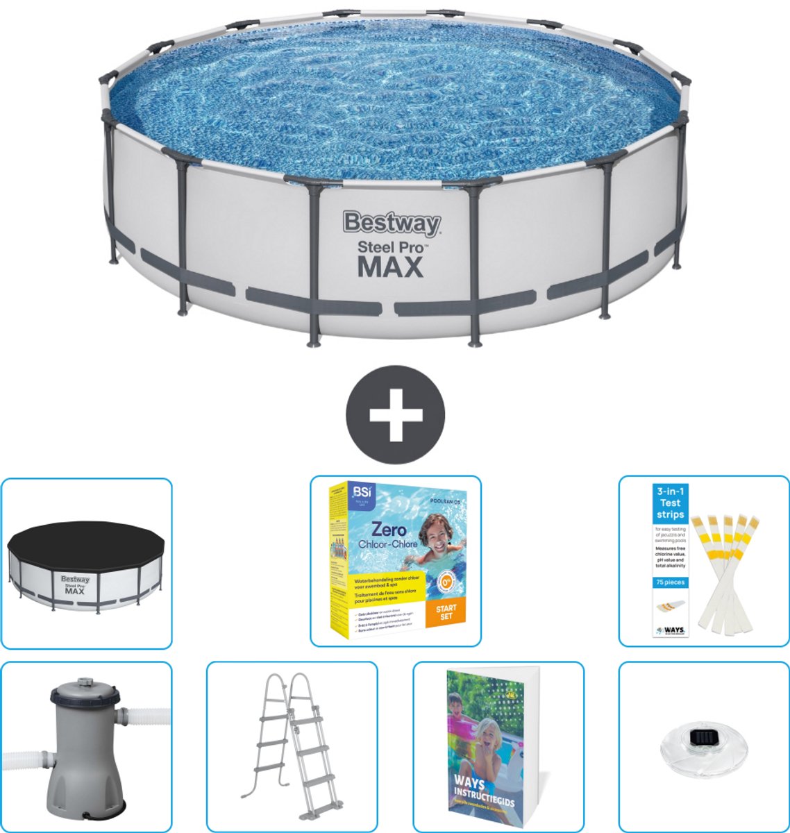 Bestway Rond Steel Pro MAX Zwembad - 427 x 107 cm - Grijs - Inclusief Pomp - Ladder - Afdekzeil - Onderhoudspakket - Verlichting - 8-delig