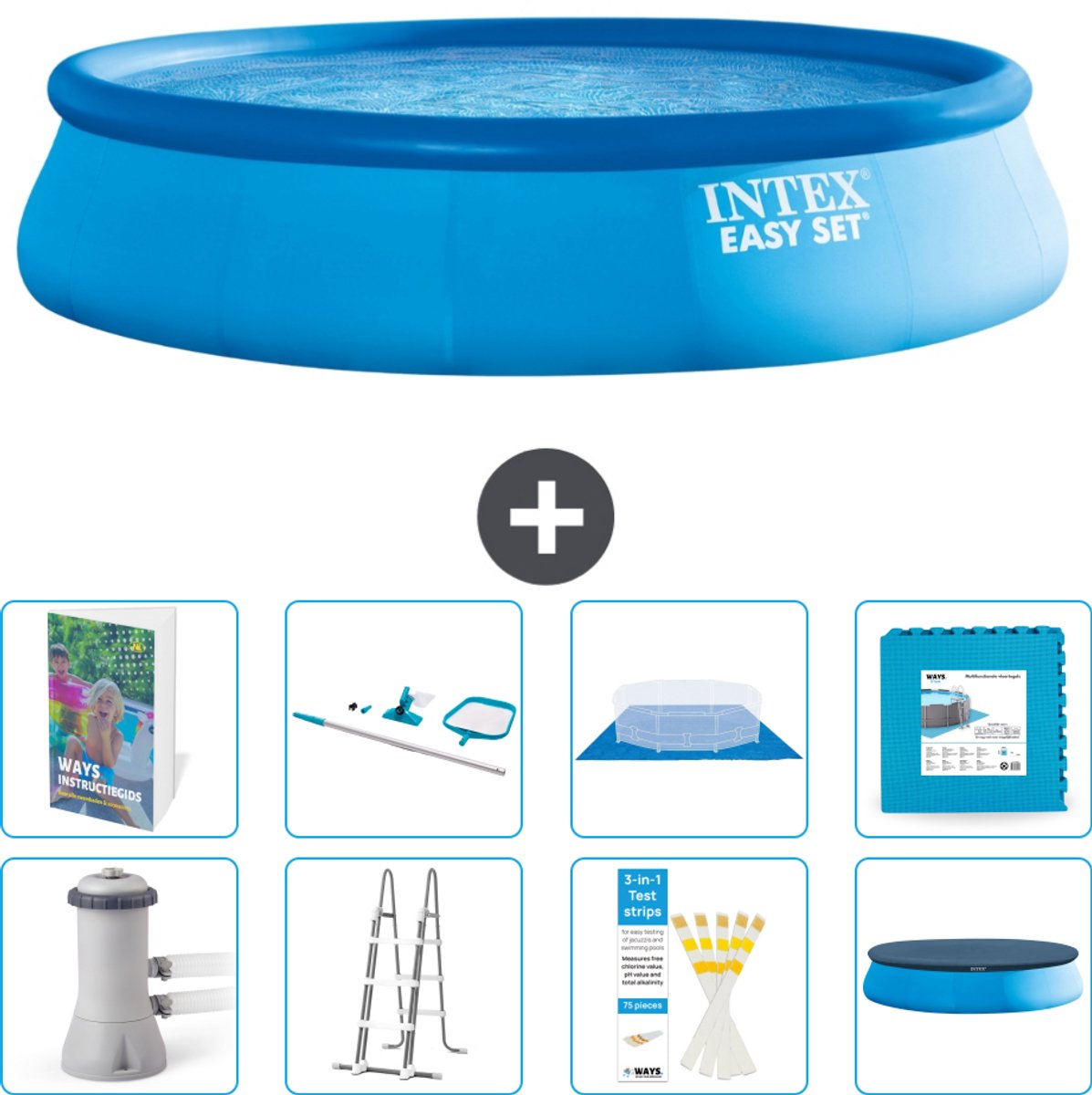 Intex Rond Opblaasbaar Easy Set Zwembad - 457 x 107 cm - Blauw - Inclusief Pomp - Ladder - Grondzeil - Afdekzeil - Schoonmaakset - Vloertegels - 9-delig