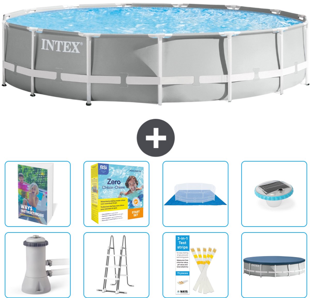 Intex Rond Prism Frame Zwembad - 457 x 107 cm - Grijs - Inclusief Pomp - Ladder - Grondzeil - Afdekzeil - Onderhoudspakket - Verlichting - 9-delig