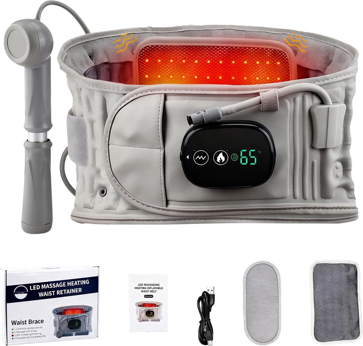 Compressie-massagegordel met rood lichtwarmte, 3-in-1 rugverzorgingsriem met opblaasbare lendenwerveltractie, 3 verwarmings- en massagemodi, ter vermindering van de druk en verlichting van - grijs