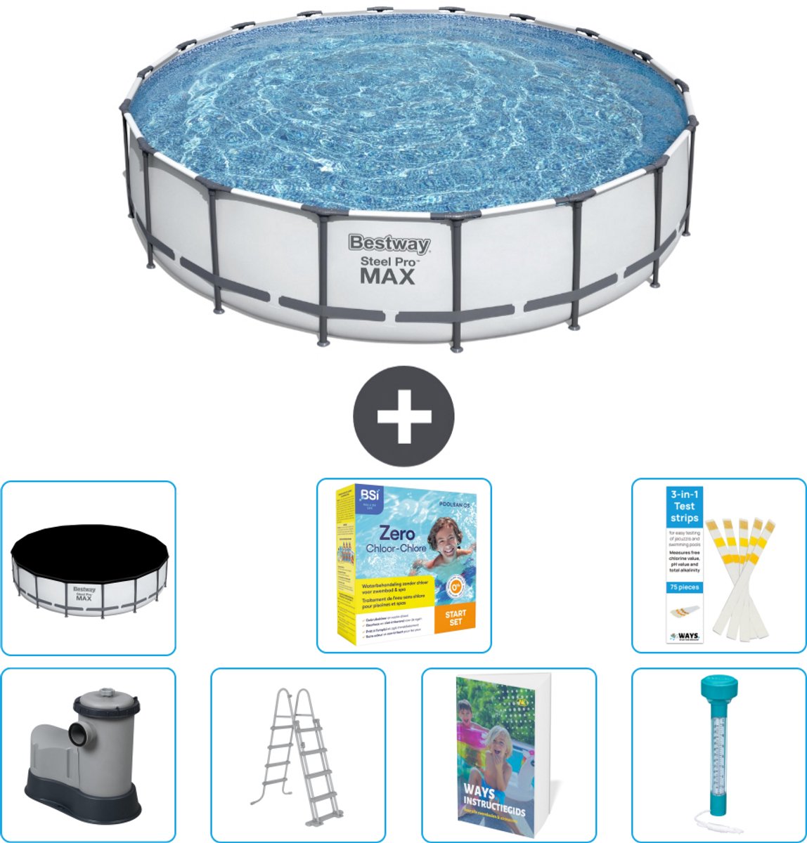 Bestway Rond Steel Pro MAX Zwembad - 549 x 122 cm - Grijs - Inclusief Pomp - Ladder - Afdekzeil - Onderhoudspakket - Thermometer - 8-delig