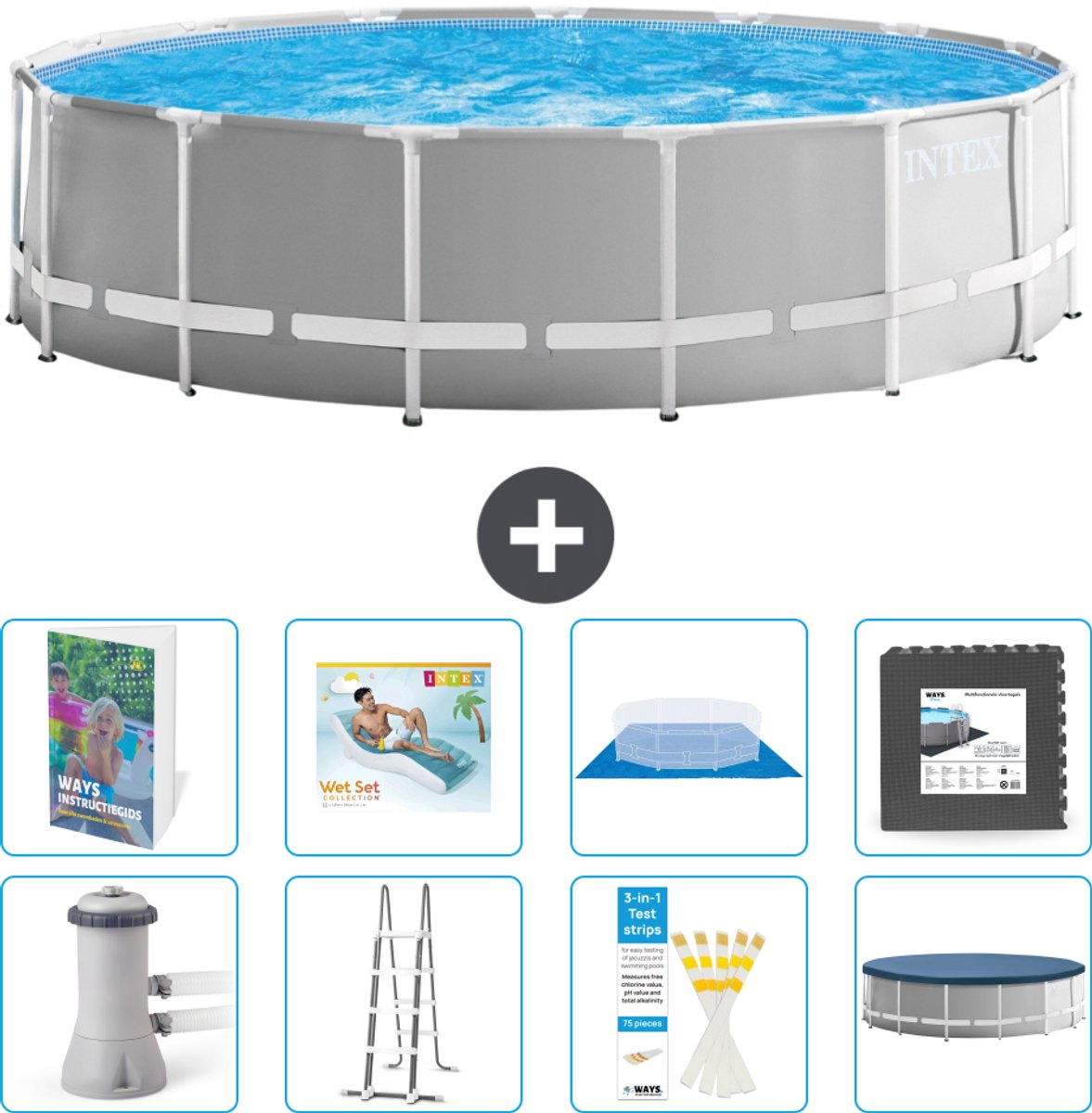 Intex Rond Prism Frame Zwembad - 457 x 122 cm - Grijs - Inclusief Pomp - Ladder - Grondzeil - Afdekzeil - Loungebed - Vloertegels - 9-delig
