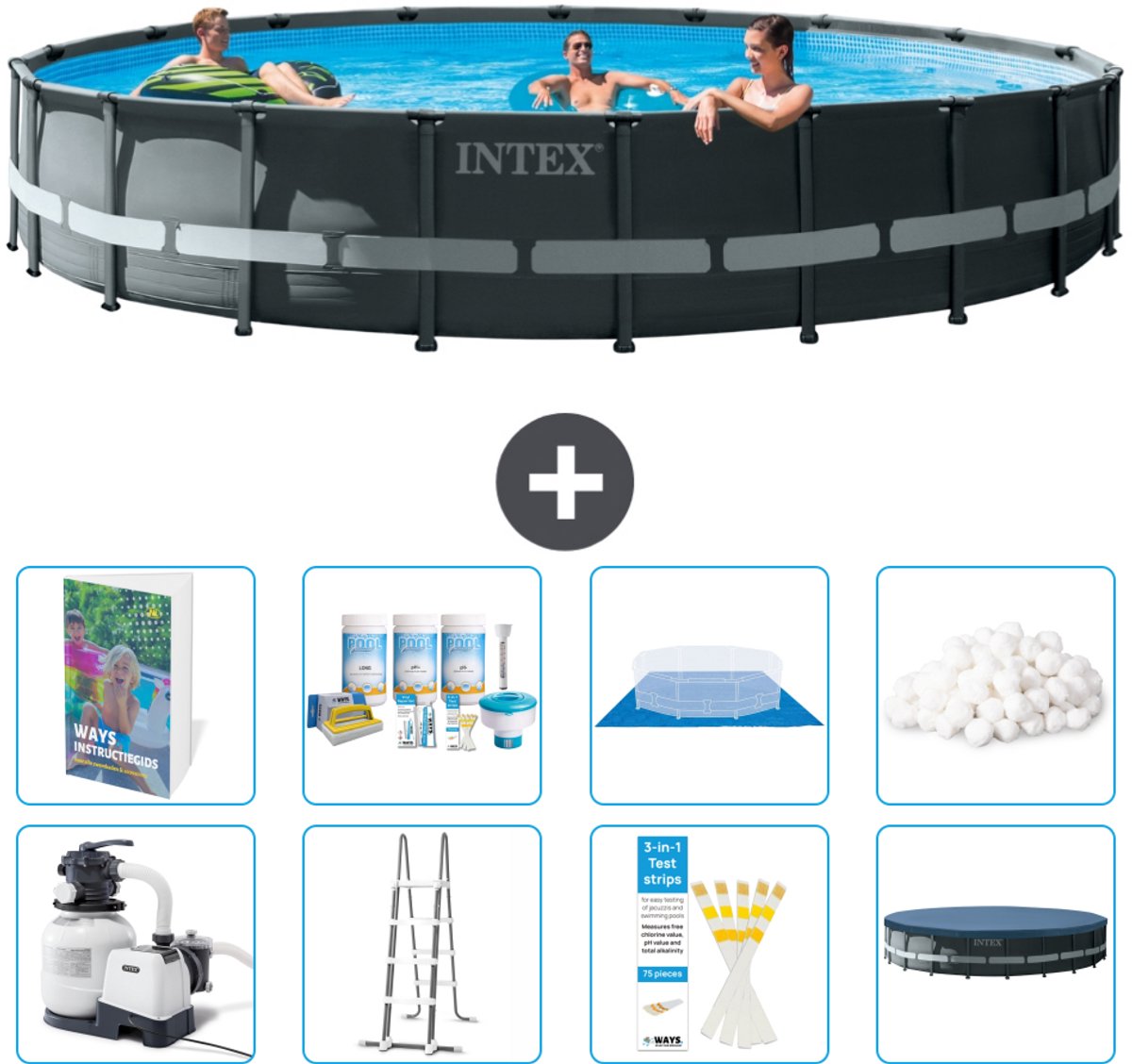 Intex Rond Ultra XTR Frame Zwembad - 610 x 122 cm - Inclusief Pomp - Ladder - Grondzeil - Afdekzeil - Onderhoudspakket - Filterbollen - 9-delig