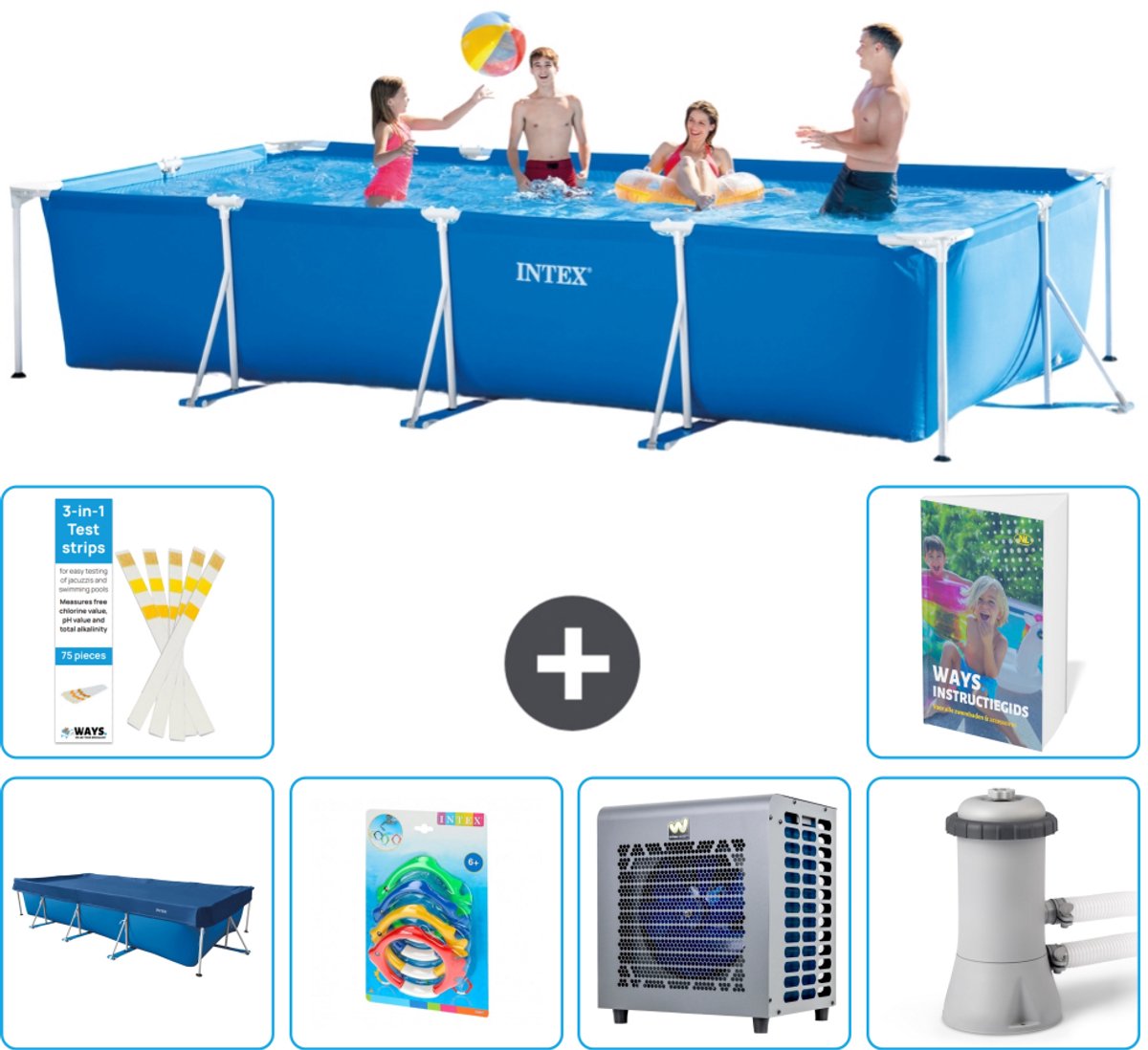 Intex Rechthoekig Frame Zwembad - 450 x 220 x 84 cm - Blauw - Inclusief Afdekzeil - Speelgoed - Warmtepomp - Zwembadfilterpomp - 7-delig