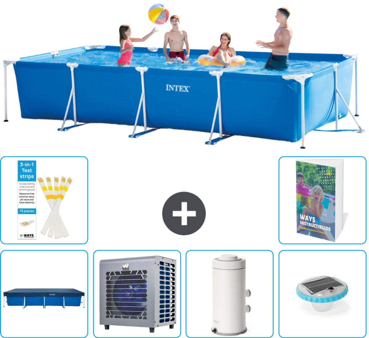 Intex Rechthoekig Frame Zwembad - 450 x 220 x 84 cm - Blauw - Inclusief Afdekzeil - Warmtepomp - Zwembadfilterpomp - Verlichting - 7-delig