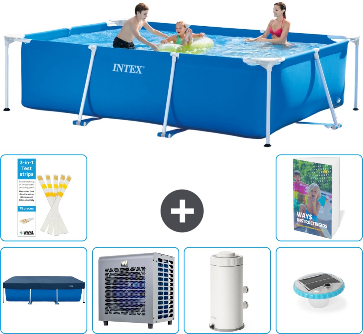 Intex Rechthoekig Frame Zwembad - 300 x 200 x 75 cm - Blauw - Inclusief Afdekzeil - Warmtepomp - Zwembadfilterpomp - Verlichting - 7-delig
