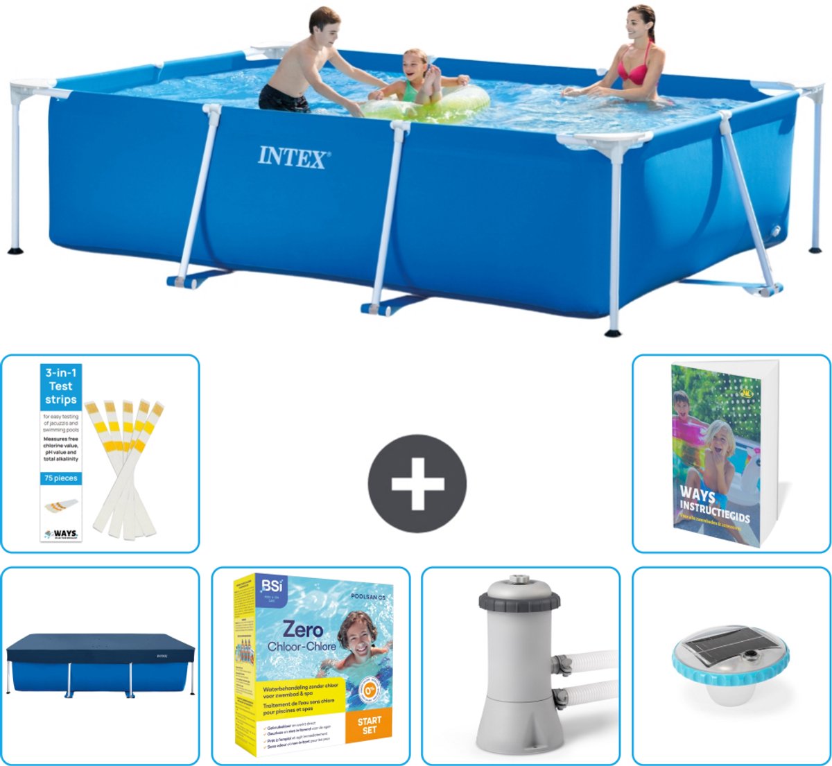 Intex Rechthoekig Frame Zwembad - 300 x 200 x 75 cm - Blauw - Inclusief Afdekzeil - Onderhoudspakket - Zwembadfilterpomp - Verlichting - 7-delig