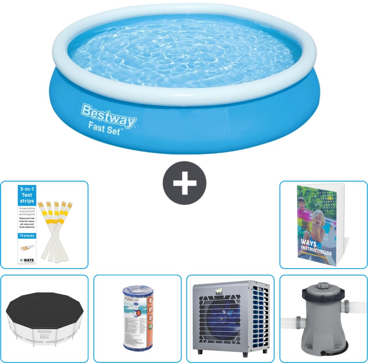 Bestway Rond Opblaasbaar Fast Set Zwembad - 366 x 76 cm - Blauw - Inclusief Afdekzeil - Filter - Warmtepomp - Zwembadfilterpomp - 7-delig