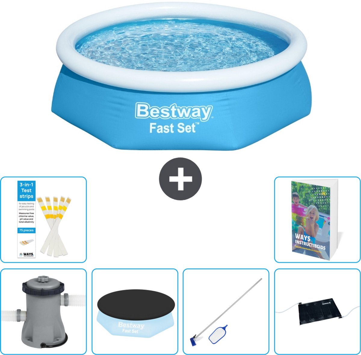 Bestway Rond Opblaasbaar Fast Set Zwembad - 244 x 61 cm - Blauw - Inclusief Pomp - Afdekzeil - Schoonmaakset - Solar Mat - 7-delig