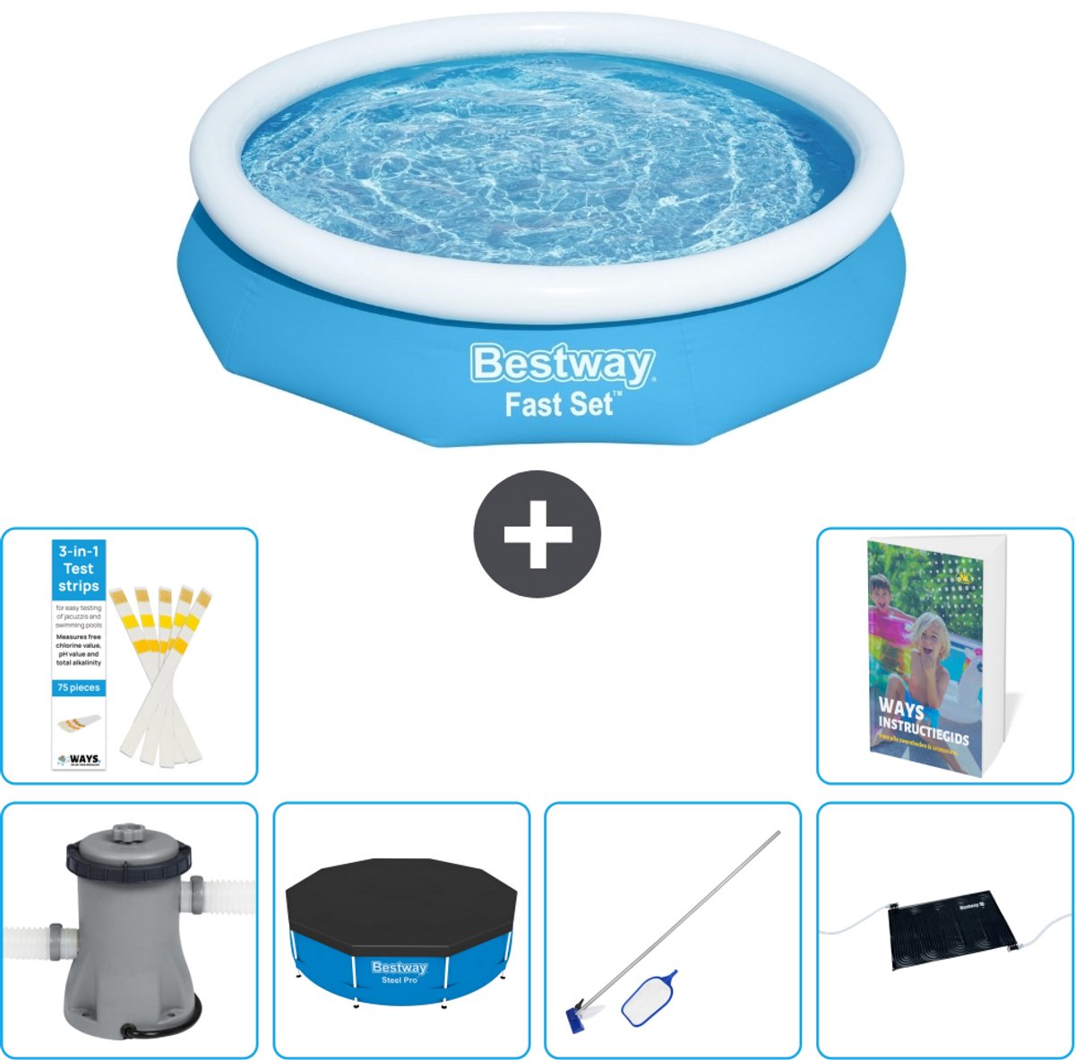 Bestway Rond Opblaasbaar Fast Set Zwembad - 305 x 66 cm - Blauw - Inclusief Pomp - Afdekzeil - Schoonmaakset - Solar Mat - 7-delig