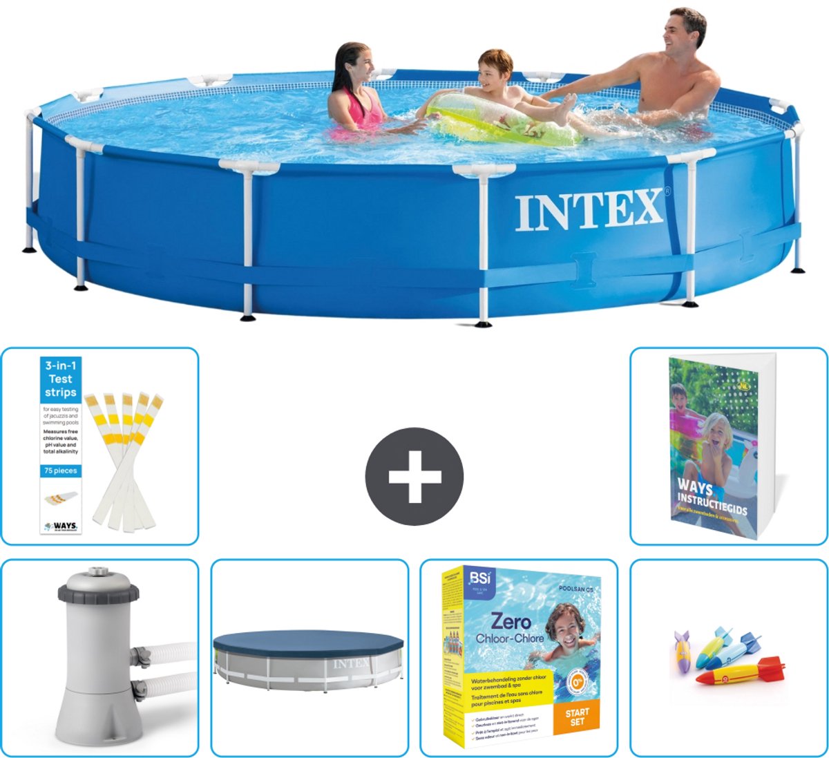 Intex Rond Frame Zwembad - 366 x 76 cm - Blauw - Inclusief Pomp - Afdekzeil - Onderhoudspakket - Speelgoed - 7-delig