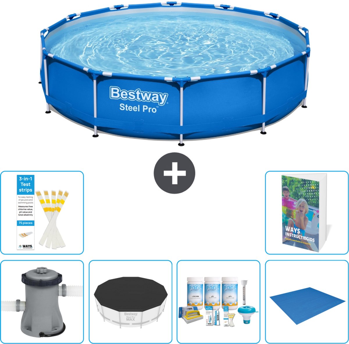 Bestway Rond Steel Pro Zwembad - 366 x 76 cm - Blauw - Inclusief Pomp - Afdekzeil - Onderhoudspakket - Grondzeil - 7-delig