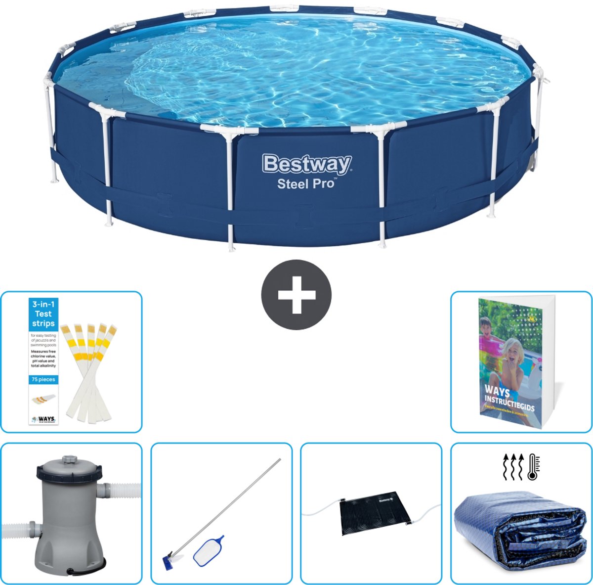 Bestway Rond Steel Pro Zwembad - 396 x 84 cm - Blauw - Inclusief Pomp - Schoonmaakset - Solar Mat - Solarzeil - 7-delig