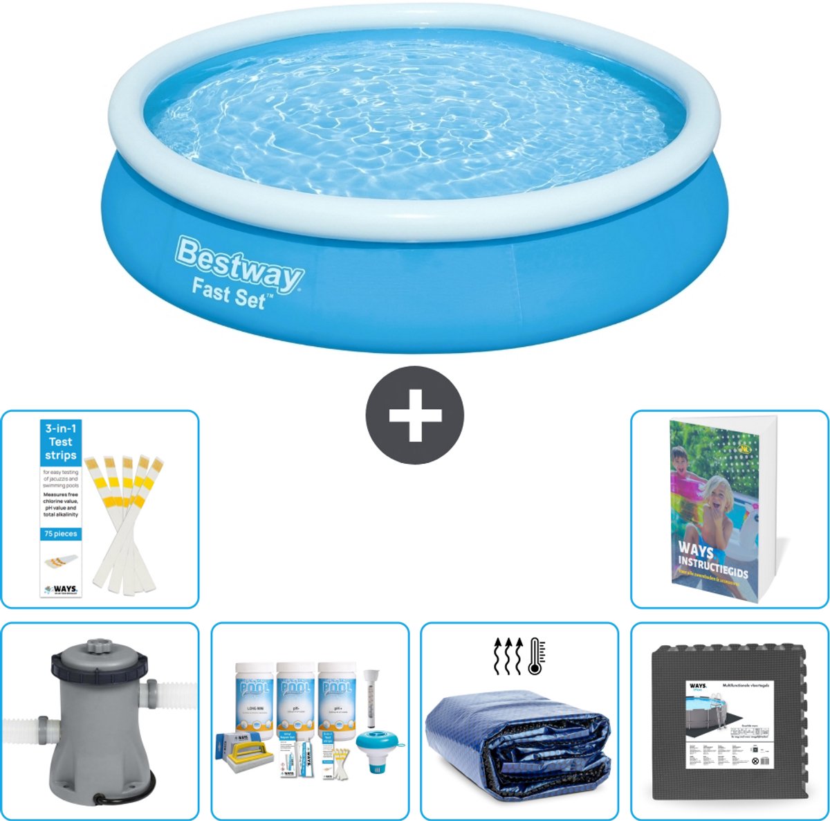 Bestway Rond Opblaasbaar Fast Set Zwembad - 366 x 76 cm - Blauw - Inclusief Pomp - Onderhoudspakket - Solarzeil - Vloertegels - 7-delig