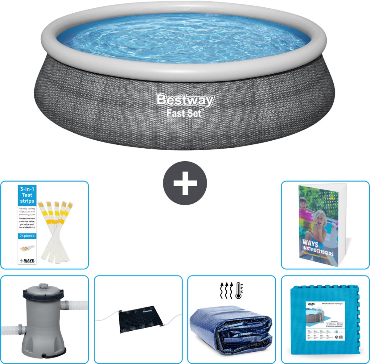 Bestway Rond Opblaasbaar Fast Set Zwembad - Rotanprint - 457 x 84 cm - Inclusief Pomp - Solar Mat - Solarzeil - Vloertegels - 7-delig