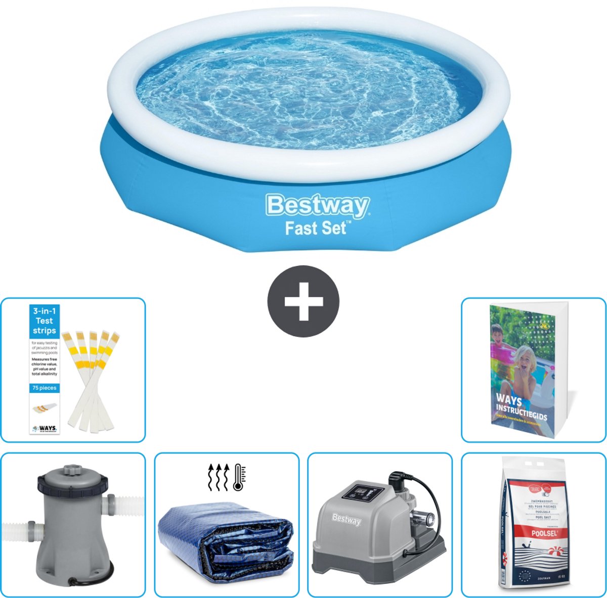 Bestway Rond Opblaasbaar Fast Set Zwembad - 305 x 66 cm - Blauw - Inclusief Pomp - Solarzeil - Zoutwatersysteem - Zwembadzout - 7-delig
