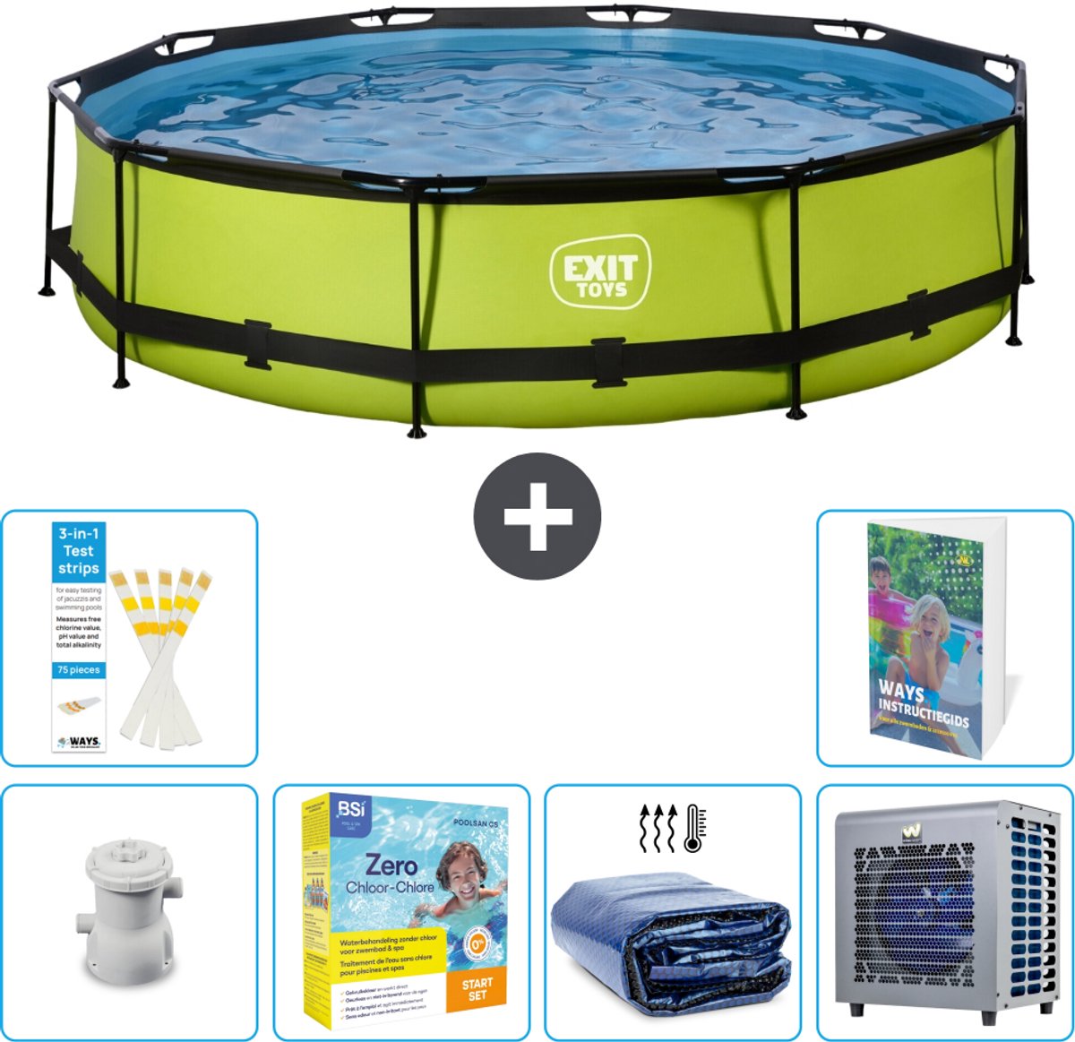 EXIT Rond Lime Frame Zwembad - 360 x 76 cm - Inclusief Pomp - Onderhoudspakket - Solarzeil - Warmtepomp - 7-delig