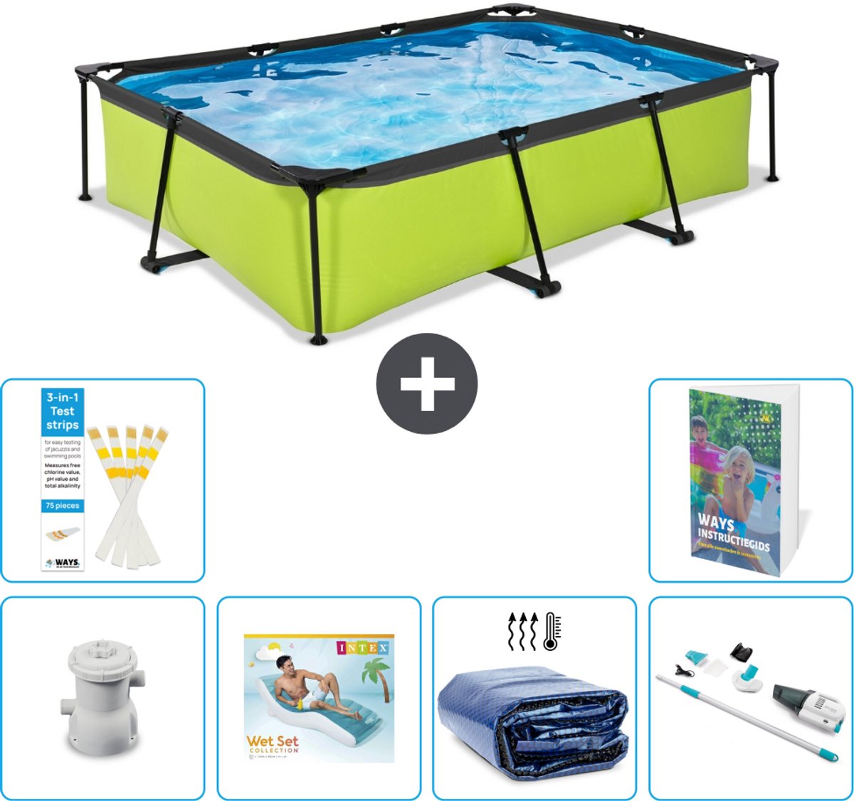 EXIT Rechthoekig Lime Frame Zwembad - 300 x 200 x 65 cm - Inclusief Pomp - Loungebed - Solarzeil - Stofzuiger - 7-delig