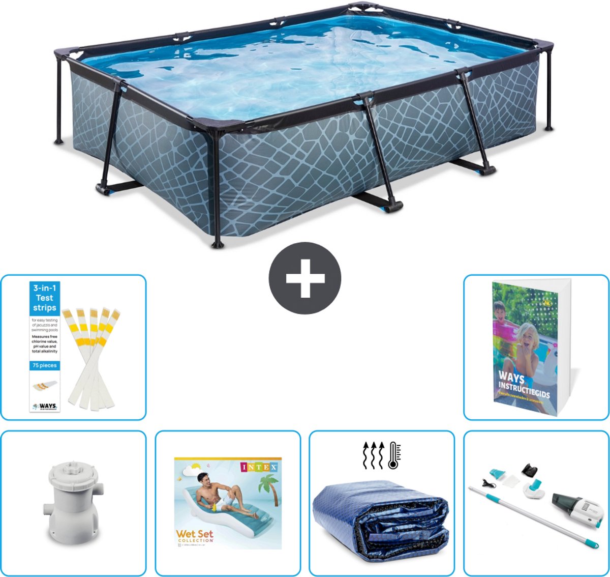 EXIT Rechthoekig Stone Frame Zwembad - 300 x 200 x 65 cm - Inclusief Pomp - Loungebed - Solarzeil - Stofzuiger - 7-delig