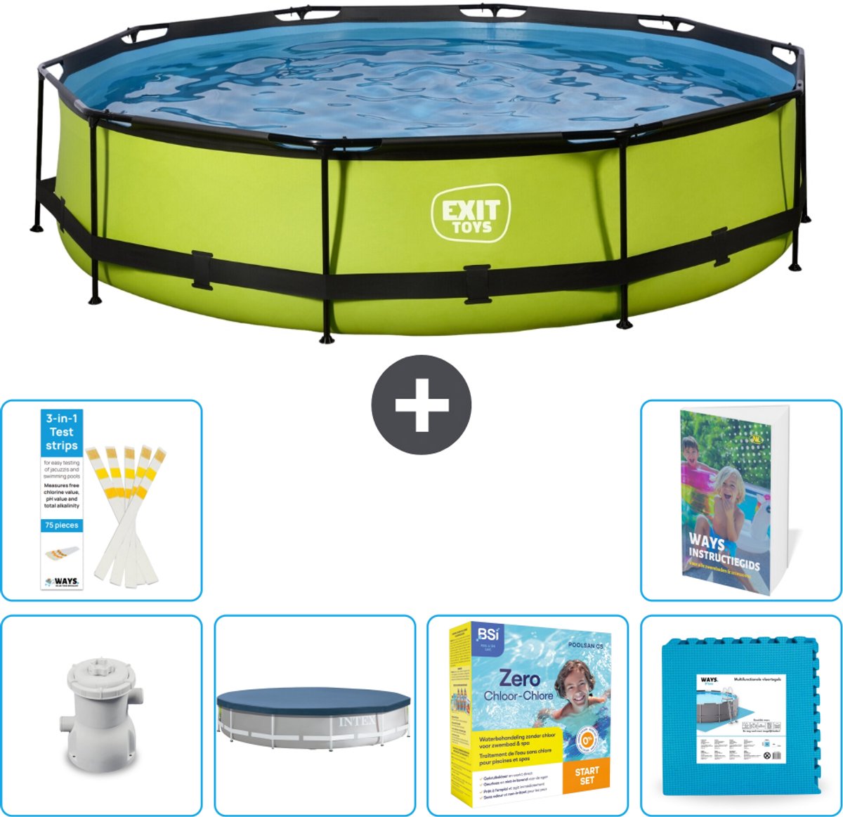 EXIT Rond Lime Frame Zwembad - 360 x 76 cm - Inclusief Pomp - Afdekzeil - Onderhoudspakket - Vloertegels - 7-delig