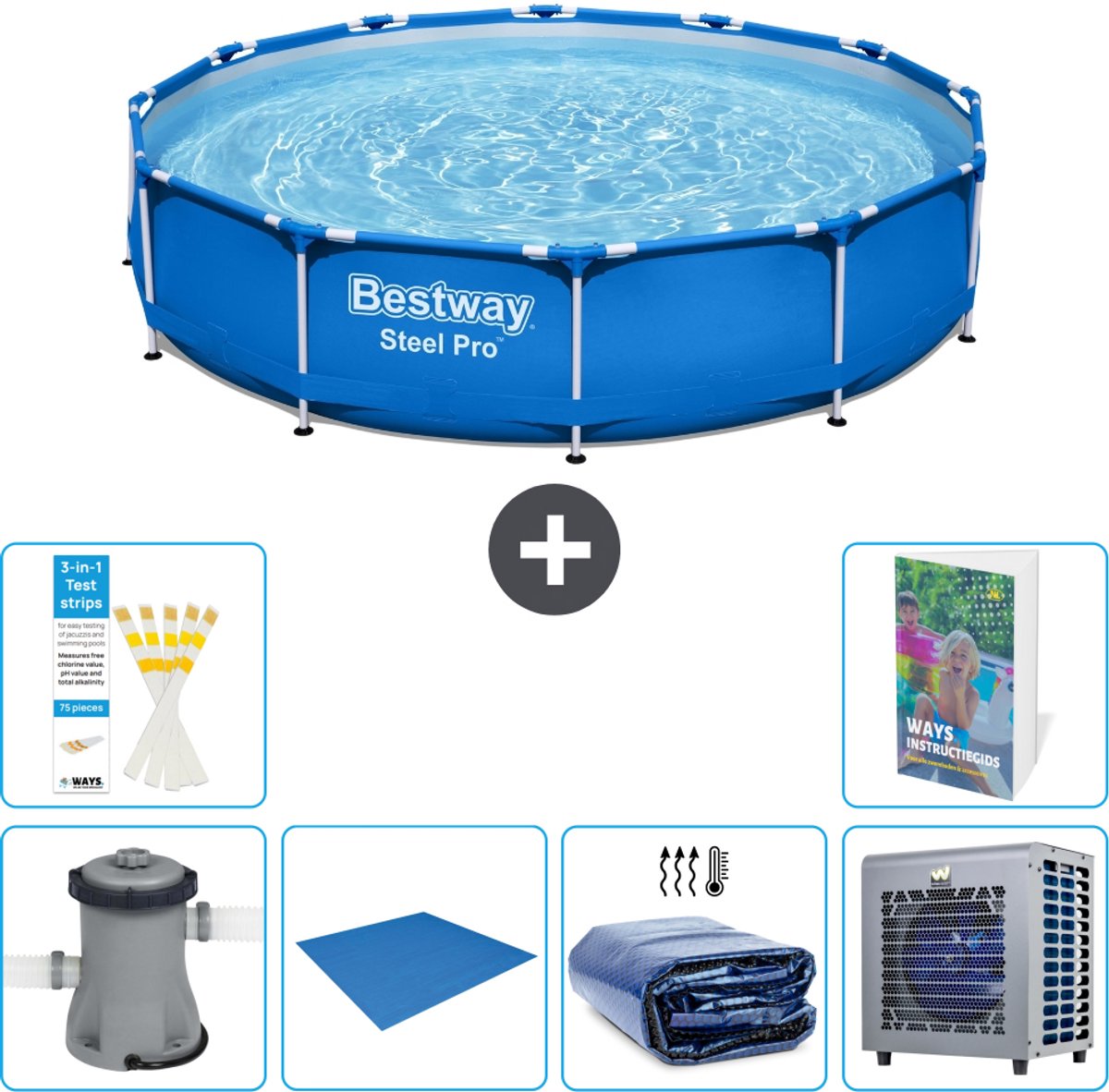 Bestway Rond Steel Pro Zwembad - 366 x 76 cm - Blauw - Inclusief Pomp - Grondzeil - Solarzeil - Warmtepomp - 7-delig