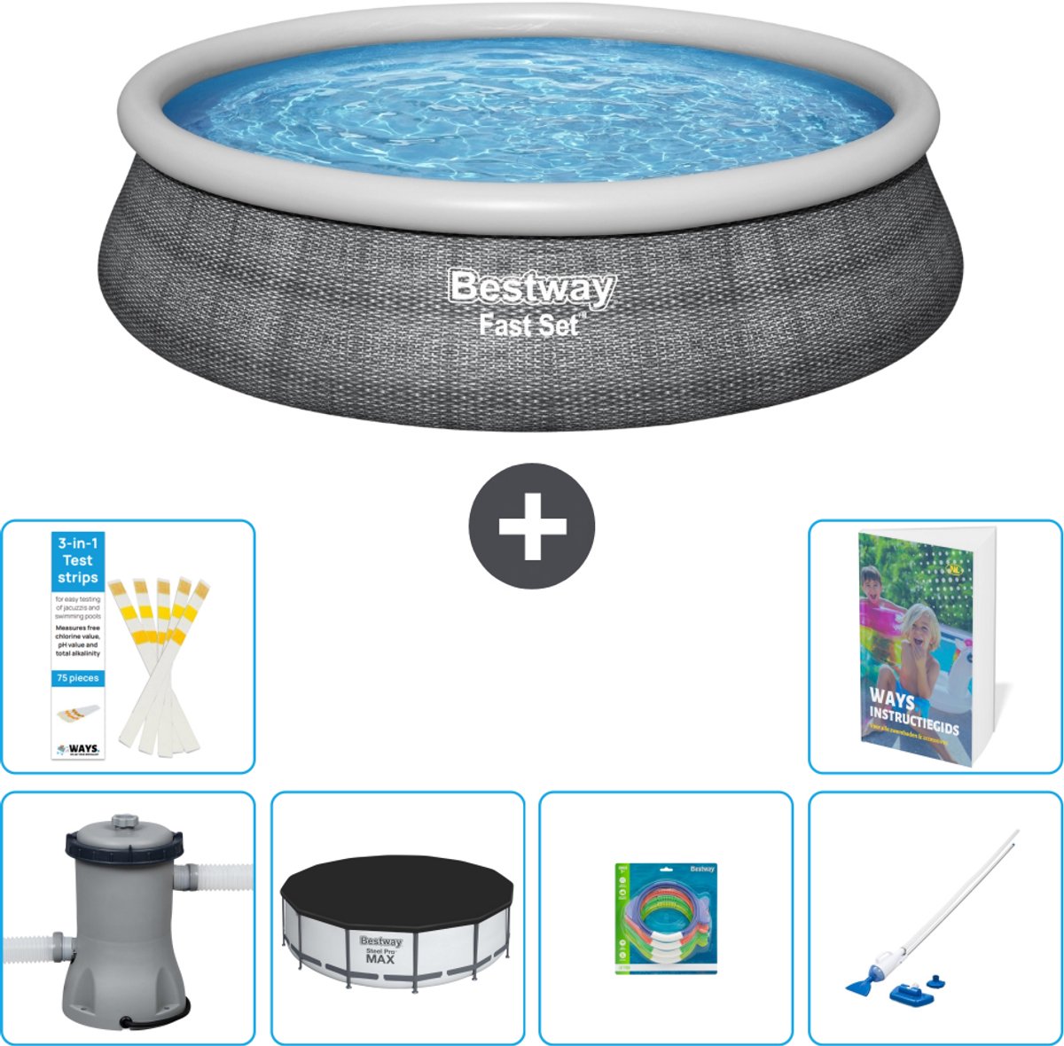 Bestway Rond Opblaasbaar Fast Set Zwembad - Rotanprint - 457 x 84 cm - Inclusief Pomp - Afdekzeil - Speelgoed - Stofzuiger - 7-delig