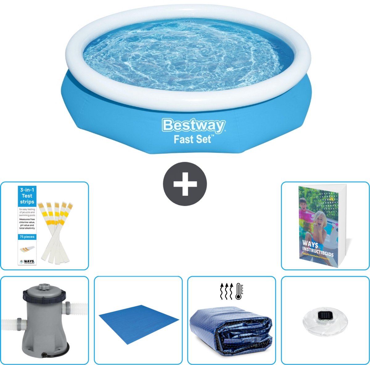Bestway Rond Opblaasbaar Fast Set Zwembad - 305 x 66 cm - Blauw - Inclusief Pomp - Grondzeil - Solarzeil - Verlichting - 7-delig