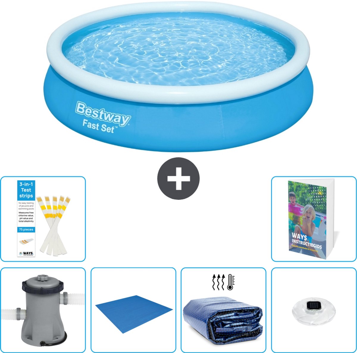 Bestway Rond Opblaasbaar Fast Set Zwembad - 366 x 76 cm - Blauw - Inclusief Pomp - Grondzeil - Solarzeil - Verlichting - 7-delig