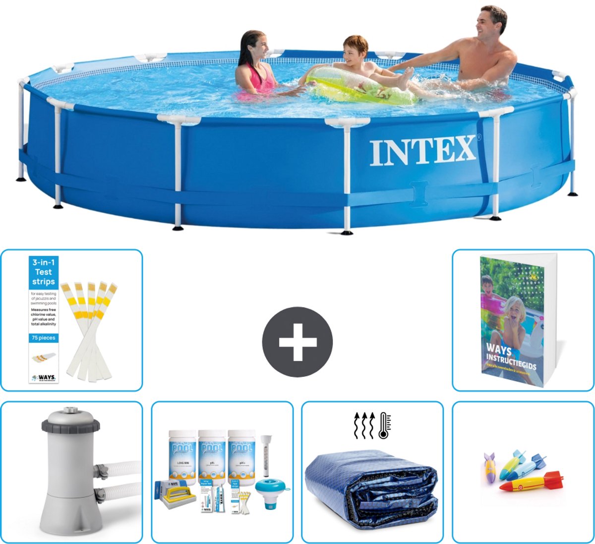Intex Rond Frame Zwembad - 366 x 76 cm - Blauw - Inclusief Pomp - Onderhoudspakket - Solarzeil - Speelgoed - 7-delig