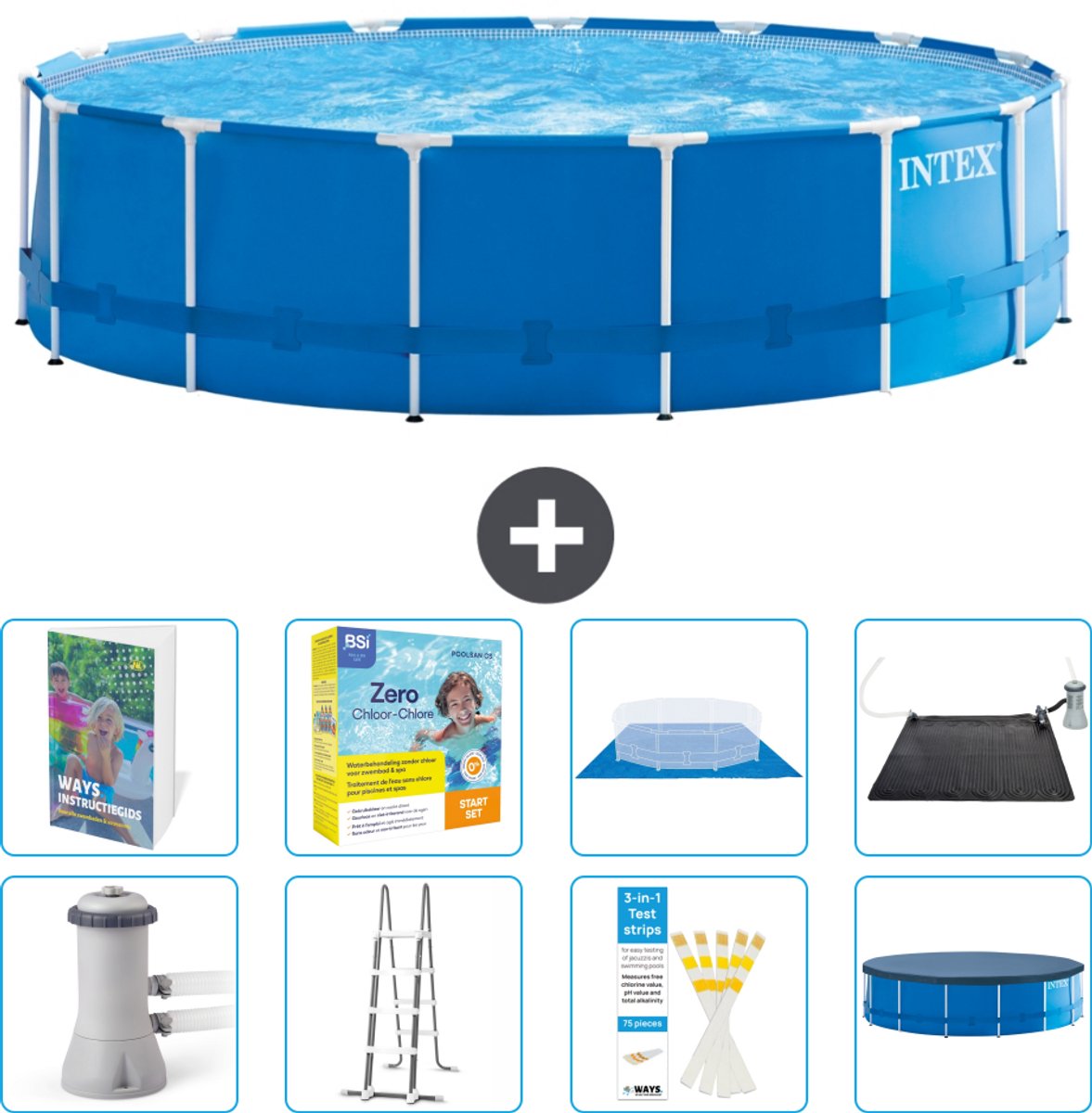 Intex Rond Frame Zwembad - 457 x 122 cm - Blauw - Inclusief Pomp - Ladder - Grondzeil - Afdekzeil - Onderhoudspakket - Solar Mat - 9-delig