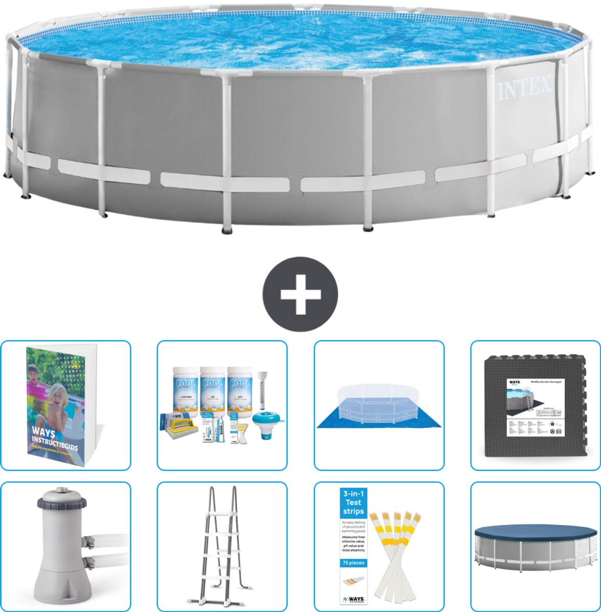 Intex Rond Prism Frame Zwembad - 457 x 122 cm - Grijs - Inclusief Pomp - Ladder - Grondzeil - Afdekzeil - Onderhoudspakket - Vloertegels - 9-delig