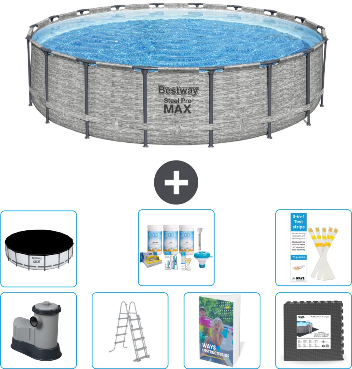 Bestway Rond Steel Pro MAX Zwembad - Steenprint - 549 x 122 - Inclusief Pomp - Ladder - Afdekzeil - Onderhoudspakket - Vloertegels - 8-delig