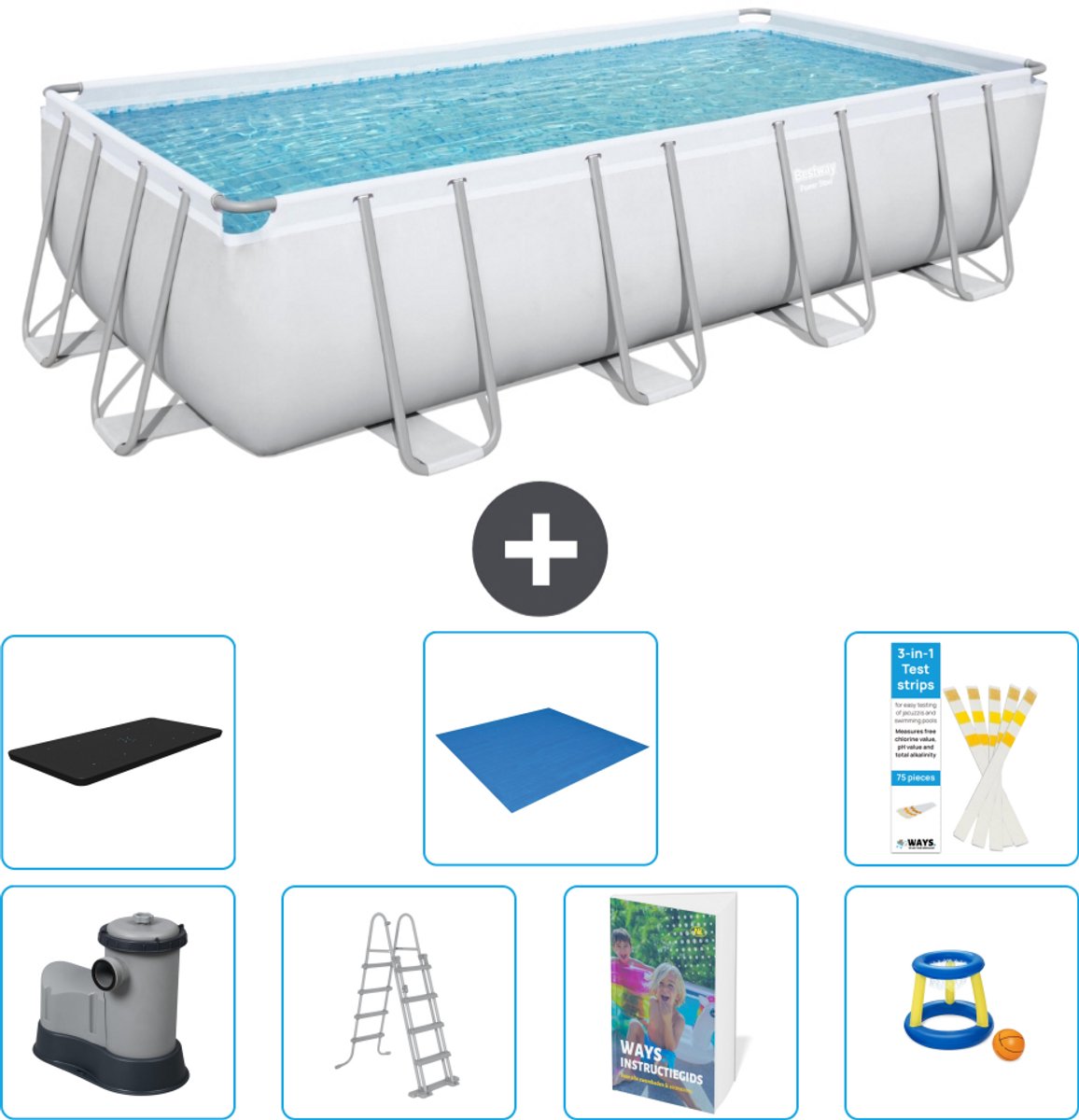 Bestway Rechthoekig Power Steel Zwembad - 549 x 274 x 122 - Grijs - Inclusief Pomp - Ladder - Afdekzeil - Grondzeil - Speelgoed - 8-delig