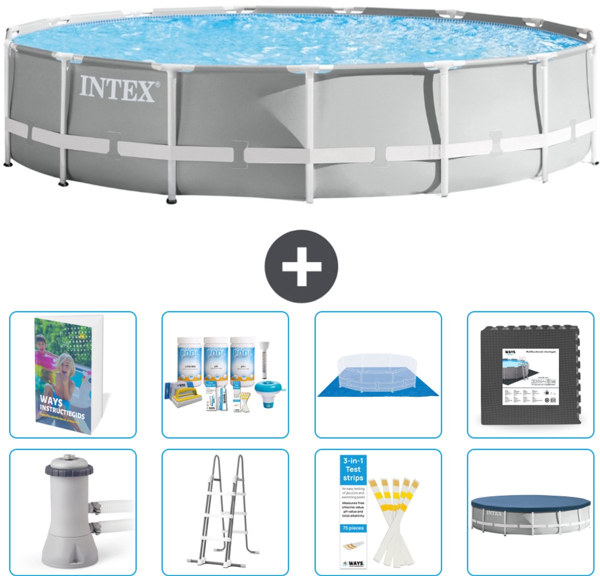 Intex Rond Prism Frame Zwembad - 457 x 107 cm - Grijs - Inclusief Pomp - Ladder - Grondzeil - Afdekzeil - Onderhoudspakket - Vloertegels - 9-delig