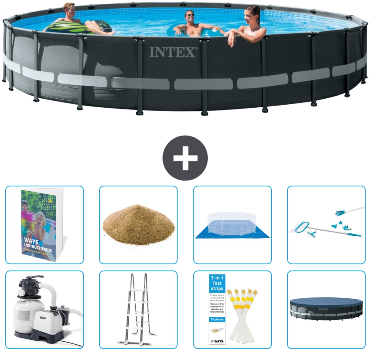 Intex Rond Ultra XTR Frame Zwembad - 610 x 122 cm - Inclusief Pomp - Ladder - Grondzeil - Afdekzeil - Filterzand - Schoonmaakset - 9-delig