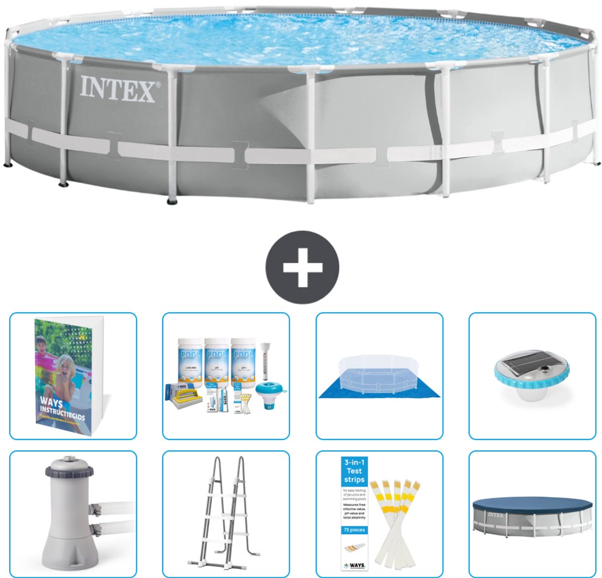 Intex Rond Prism Frame Zwembad - 457 x 107 cm - Grijs - Inclusief Pomp - Ladder - Grondzeil - Afdekzeil - Onderhoudspakket - Verlichting - 9-delig