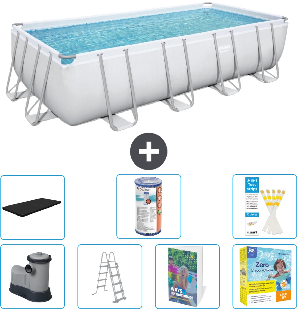 Bestway Rechthoekig Power Steel Zwembad - 549 x 274 x 122 - Grijs - Inclusief Pomp - Ladder - Afdekzeil - Filter - Onderhoudspakket - 8-delig