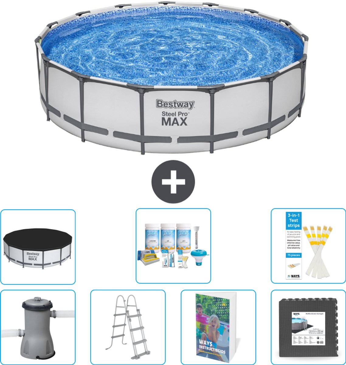 Bestway Rond Steel Pro MAX Zwembad - 457 x 107 cm - Grijs - Inclusief Pomp - Ladder - Afdekzeil - Onderhoudspakket - Vloertegels - 8-delig