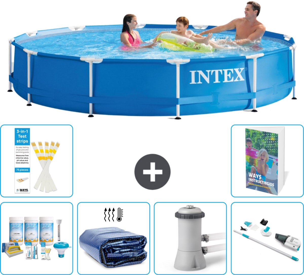 Intex Rond Frame Zwembad - 366 x 76 cm - Blauw - Inclusief Onderhoudspakket - Solarzeil - Zwembadfilterpomp - Stofzuiger - 7-delig