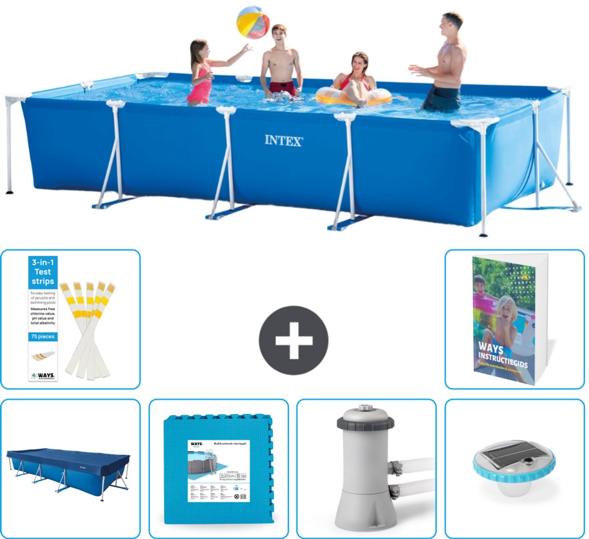 Intex Rechthoekig Frame Zwembad - 450 x 220 x 84 cm - Blauw - Inclusief Afdekzeil - Vloertegels - Zwembadfilterpomp - Verlichting - 7-delig