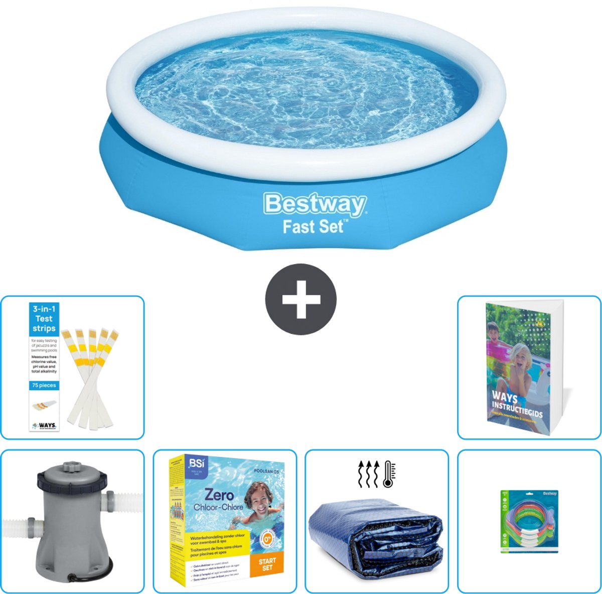 Bestway Rond Opblaasbaar Fast Set Zwembad - 305 x 66 cm - Blauw - Inclusief Pomp - Onderhoudspakket - Solarzeil - Speelgoed - 7-delig