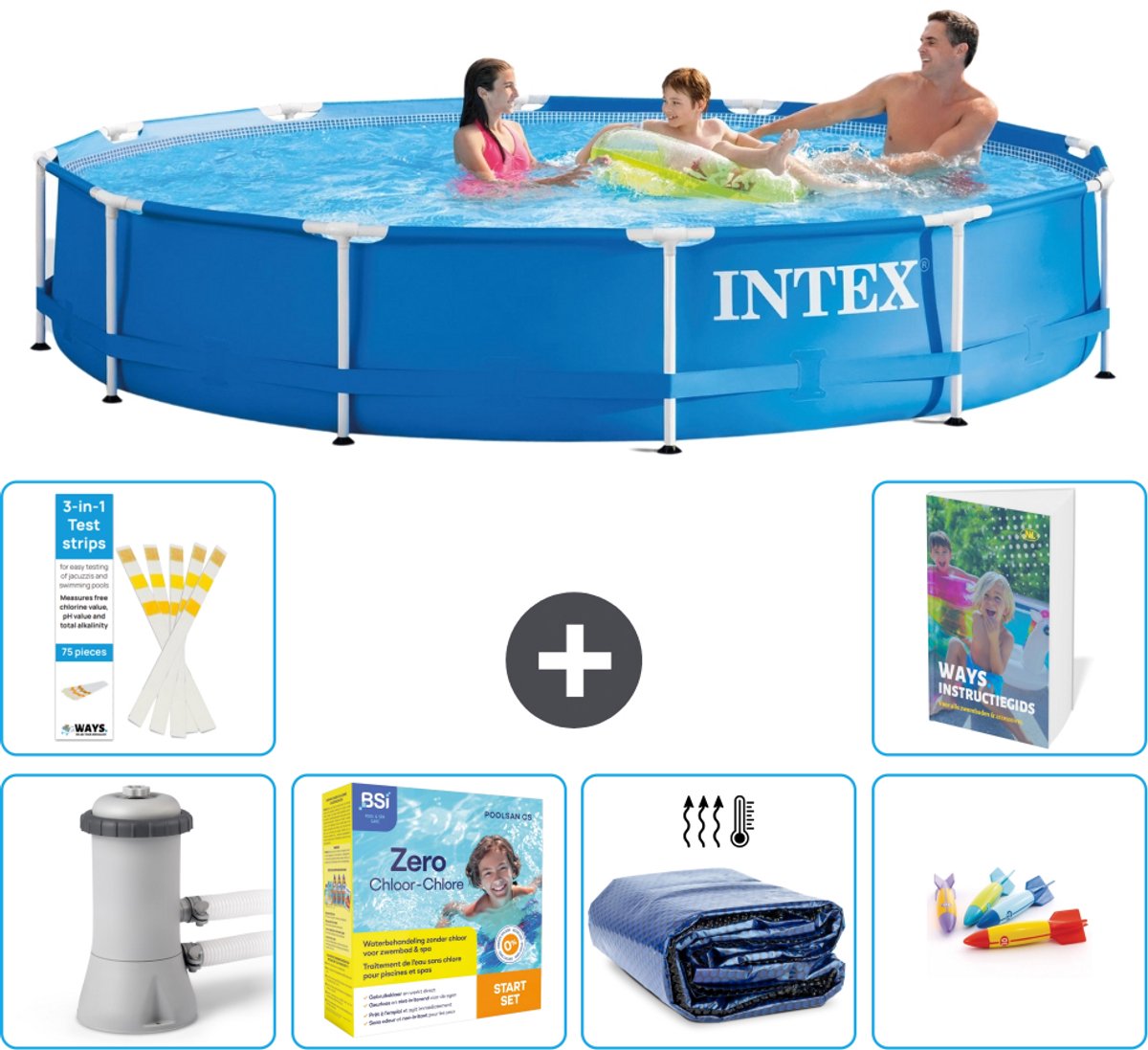Intex Rond Frame Zwembad - 366 x 76 cm - Blauw - Inclusief Pomp - Onderhoudspakket - Solarzeil - Speelgoed - 7-delig