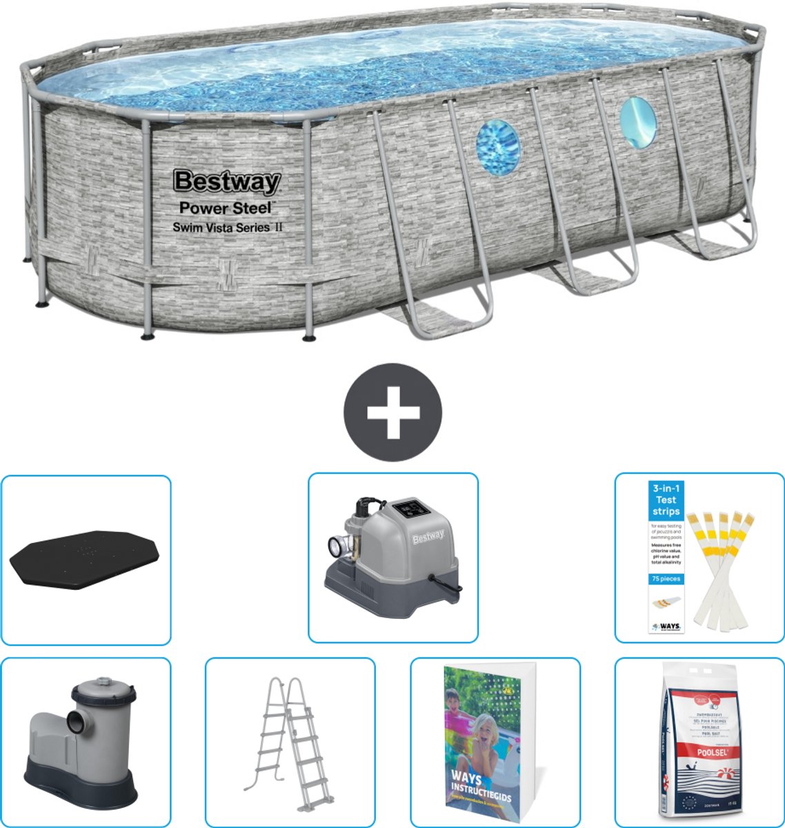 Bestway Ovaal Power Steel Swim Vista Zwembad - Steenprint - 549 x 274 x 122 - Inclusief Pomp - Ladder - Afdekzeil - Zoutwatersysteem - Zwembadzout - 8-delig