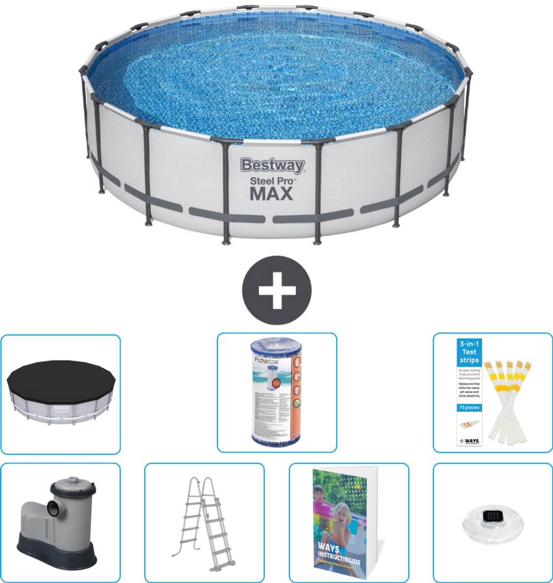 Bestway Rond Steel Pro MAX Zwembad - 488 x 122 cm - Grijs - Inclusief Pomp - Ladder - Afdekzeil - Filter - Verlichting - 8-delig