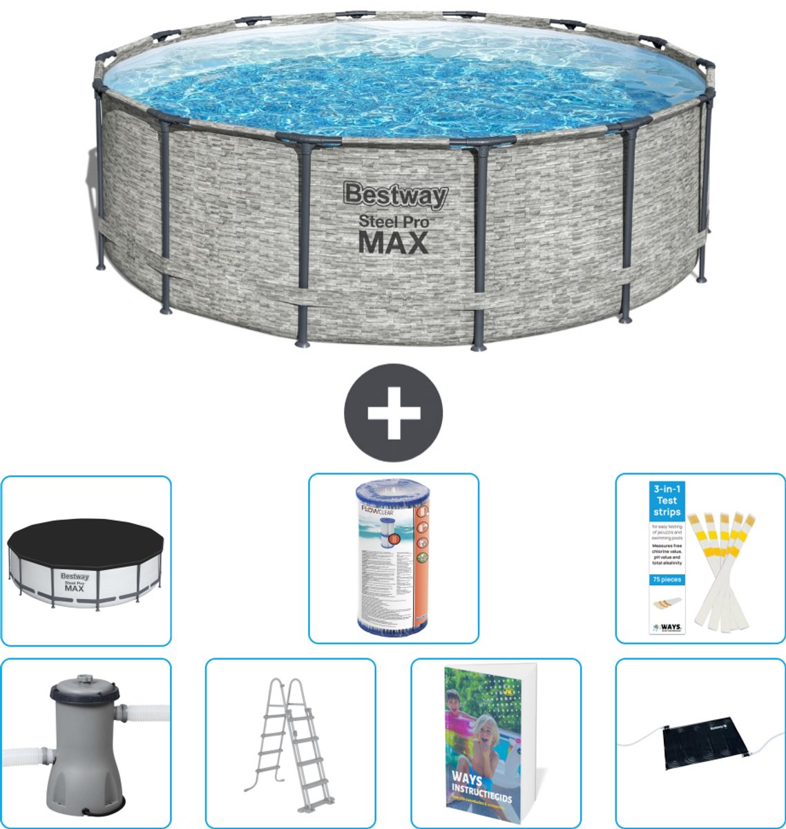 Bestway Rond Steel Pro MAX Zwembad - Steenprint - 427 x 122 cm - Inclusief Pomp - Ladder - Afdekzeil - Filter - Solar Mat - 8-delig